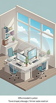 A modern office space with two desks arranged in an L-shape. Each desk holds a photo