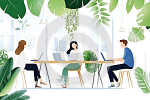 Modern office team collaboration in a lush green workspace