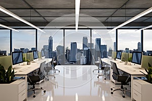 Modern office with views of the city skyline, with linear lighting, polished floors, workstations, and plants photo