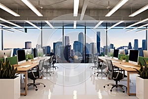 Modern office with views of the city skyline, with linear lighting, polished floors, workstations, and plants photo