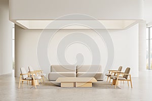 modern office waiting room with chairs, couch, and a coffee table on a wooden floor, white background. 3D Rendering