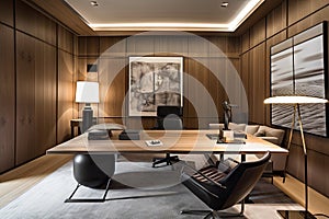 modern office with wood paneling, sleek furniture and contemporary art