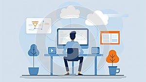 Modern Office Worker Engaged in Cloud Computing and Data Analysis