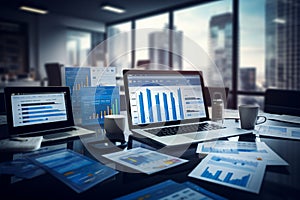 Modern office workspace with analytics reports and laptops illustrating data trends.