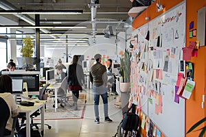 Modern Office Workspace, Collaborative Teamwork, Innovative Design, and Efficient Workflow in a Creative Open-Plan