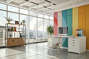 Modern office workspace with computer and colorful decor