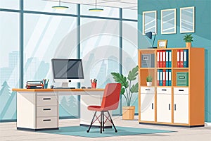 Modern office workspace with computer and colorful decor