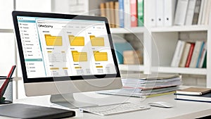 Modern Office Workspace with Computer Screen Displaying File Management System AI generated.