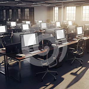 Modern Office Workspace with Computers and Sunlight