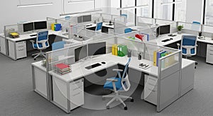 Modern Office Workspace with Cubicles and Computers in Bright Natural Light