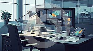 Modern Office Workspace with Data Visualization