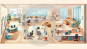 Modern office workspace with empty desk and computer, isometric illustration with flat design concept, corporate