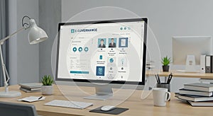 Modern office workspace featuring a computer displaying an 