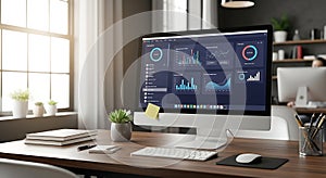 Data Analytics Dashboard on Computer Screen, Office Workspace