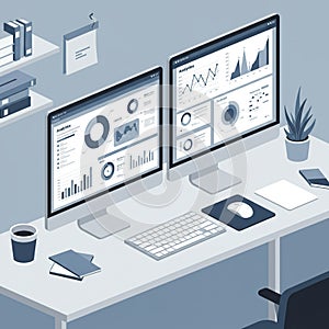 Modern office workspace featuring dual computer monitors displaying analytics