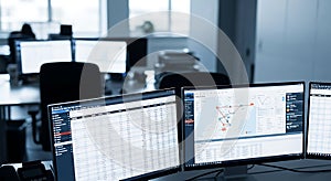 Modern office workspace featuring multiple computer screens displaying data and information