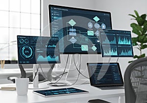 A modern office workspace featuring multiple digital screens