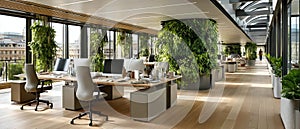 Modern office workspace with greenery and natural lighting in open plan design