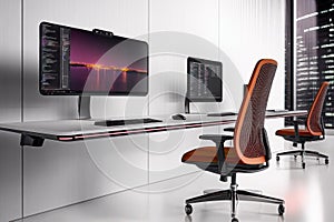 Modern office workspace with multiple computer workstations and ergonomic chairs in a spacious room.