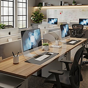 Modern office workspace with multiple computer workstations and