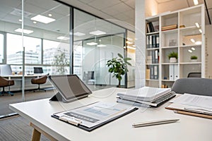 Modern office with papers and digital tablet on table