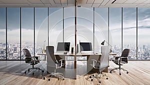 Modern office workspace with two desks and computers. 3D Rendering