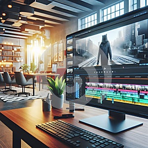 Modern Office Workspace with Video Editing Computer Setup