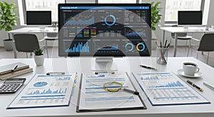 Modern office workstation displaying financial data analytics on computer screen