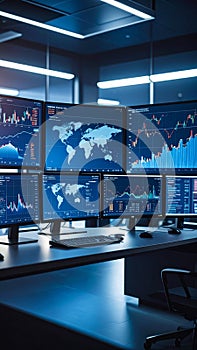 Modern office workstation with multiple monitors displaying global financial data and market analysis charts