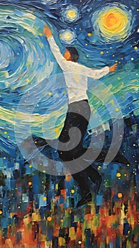 Modern oil painting of a young man jumping in the night sky