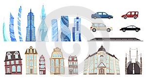 Modern and old city buildings set, town architecture vector Illustration. Collection of isolated houses and cars, urban