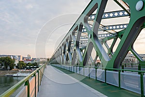 A modern old-new bridge for pedestrians, cyclists and trams over the river Danube in Bratislava, Slovakia