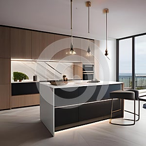 A modern, open-concept kitchen with a waterfall edge island, pendant lighting, and clean lines3