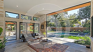Modern open-concept living area with large windows overlooking a pool and garden