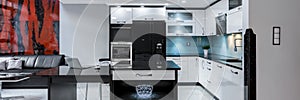 Modern open kitchen space, panorama
