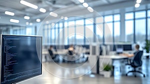 Modern open office with programmers and code on screen