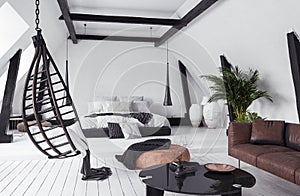 Modern open-plan apartment in attic, loft style