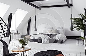 Modern open-plan apartment in attic, loft style