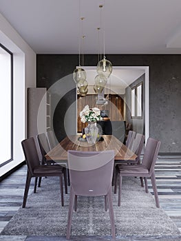 Modern open-plan dining room interior with a large table with formal place settings in a long room with feature windows, a kitchen