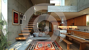 Modern open-plan home interior, stairs, kitchen, sunlight