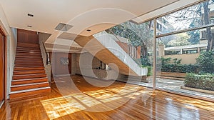 Modern open-plan interior with wooden floors, stairs, and a garden view