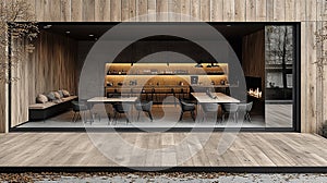 Modern open-plan kitchen dining area with large windows