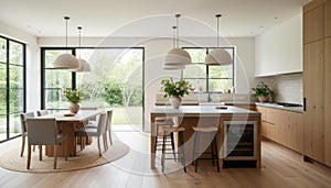 Modern Open Plan Kitchen and Dining Room with Garden View