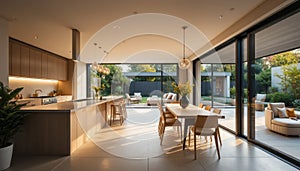 Modern Open-Plan Kitchen and Dining Room with Outdoor View