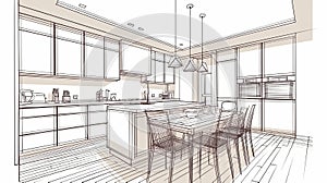Modern open-plan kitchen and dining sketch design concept