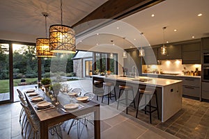 Modern open plan kitchen with dining table and glowing lamps