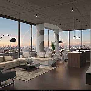 Modern open-plan living space with large floor-to-ceiling windows showcasing a city