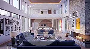 Modern open plan luxury home interior, blue sofas, fireplace, and kitchen