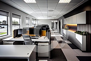 modern open-plan office, with clean lines and sleek furniture, features sleek desks and innovative lighting