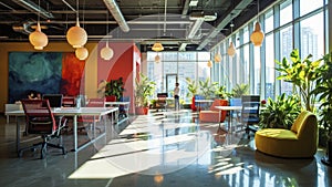 Modern open-plan office interior with bright sunlight, plants, and collaborative workspace
